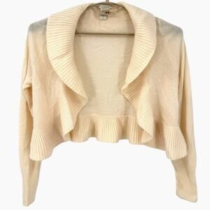 White & Warren 100% Cashmere Sweater Open Cardigan Ruffle Crean Size Medium